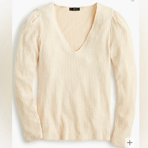 J. Crew Women’s Puff Sleeve Soft Rib V-Neck Top Cream Blouse Women’s Size Small - Picture 1 of 6